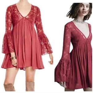 Free People With Love From India Lace Mini Boho Bell Sleeve Dress M Dusty Rose